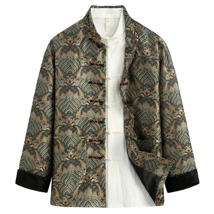 Buddha Stones Chinese New Year Jacquard Damask Seawater Pattern Frog-button Tang Suit Men's Jacket Shirt With Pockets - OliveDrab - US/UK/AU44，EU54 (4XL) - image 6