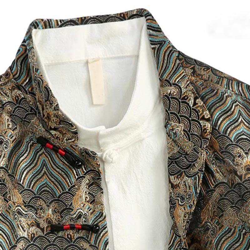 Buddha Stones Chinese New Year Jacquard Damask Seawater Pattern Frog-button Tang Suit Men's Jacket Shirt With Pockets - image 8