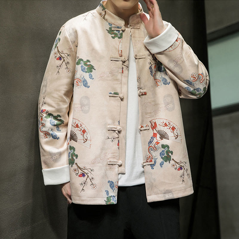 Buddha Stones Chinese New Year Clothes Flowers Dragon Fan Auspicious Clouds Frog-button Tang Suit Cotton Men's Jacket Shirt - image 8