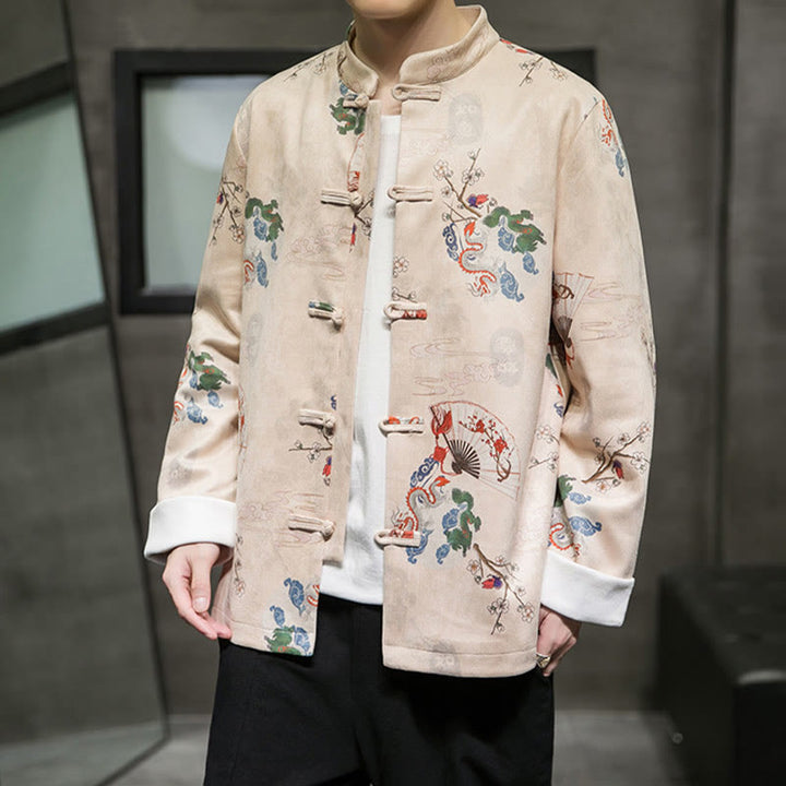 Buddha Stones Chinese New Year Clothes Flowers Dragon Fan Auspicious Clouds Frog-button Tang Suit Cotton Men's Jacket Shirt - image 7