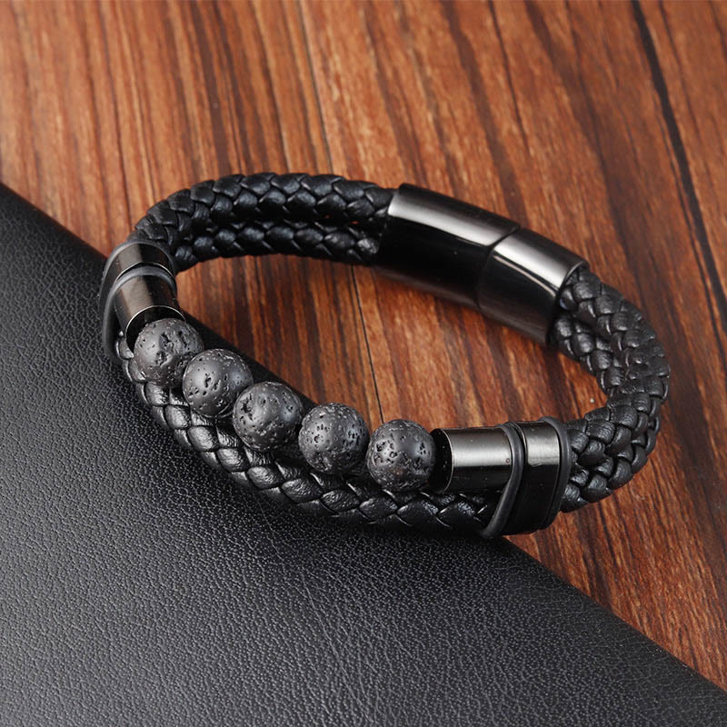 Buddha Stones Lava Rock Frosted Stone Healing Leather Magnetic Buckle Bracelet - Lava Rock(Wrist Circumference: 18-20cm) - image 0