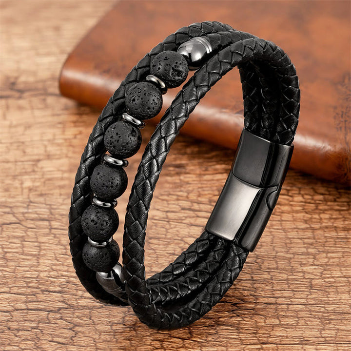 Buddha Stones Tiger Eye Lava Rock Hematite Black Onyx Bead Positive Leather Bracelet - Lava Rock - 18-22cm - image 8