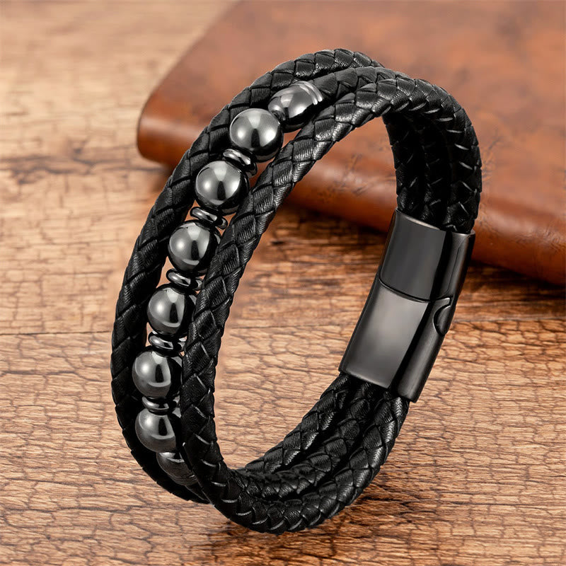 Buddha Stones Tiger Eye Lava Rock Hematite Black Onyx Bead Positive Leather Bracelet - Hematite - 18-22cm - image 10