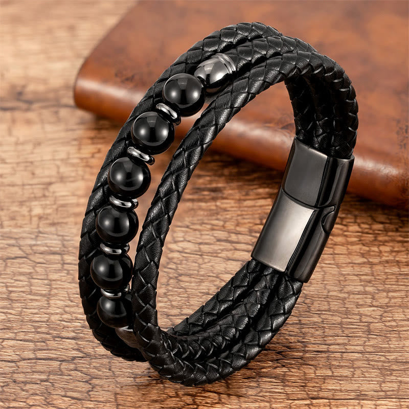Buddha Stones Tiger Eye Lava Rock Hematite Black Onyx Bead Positive Leather Bracelet - Black Onyx - 18-22cm - image 12