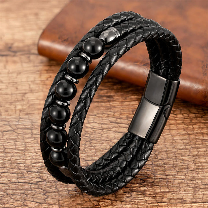 Buddha Stones Tiger Eye Lava Rock Hematite Black Onyx Bead Positive Leather Bracelet - Black Onyx - 18-22cm - image 12