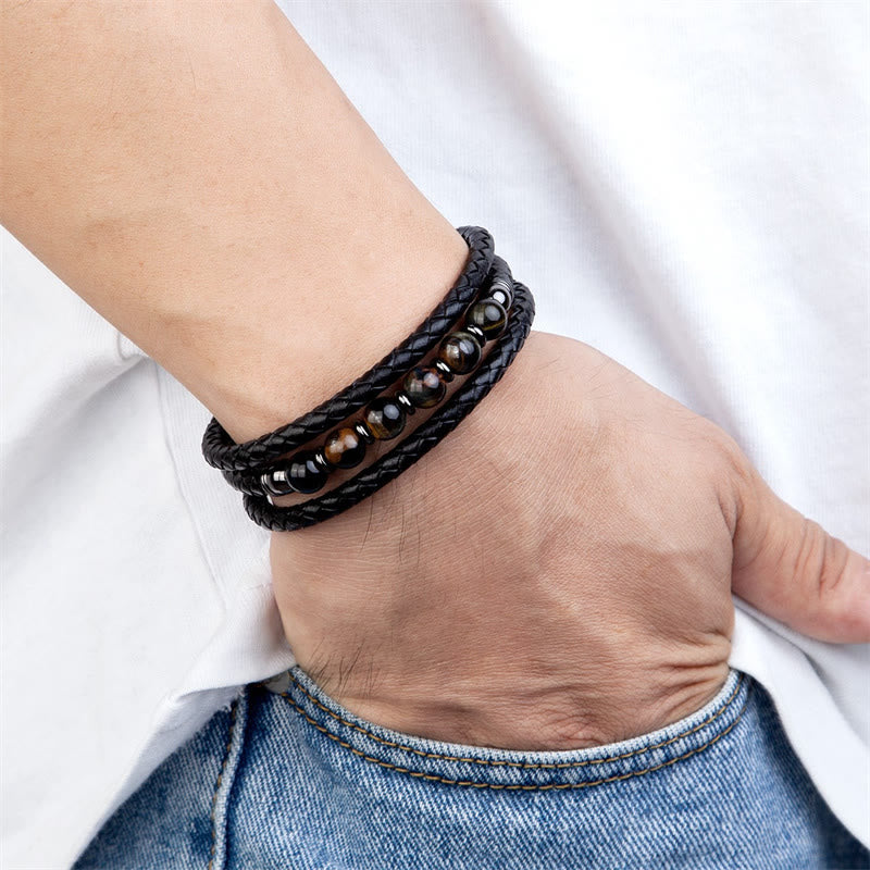 Buddha Stones Tiger Eye Lava Rock Hematite Black Onyx Bead Positive Leather Bracelet - image 16