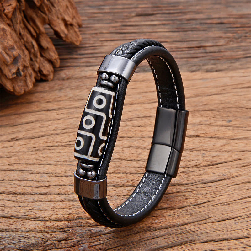 Buddha Stones Tibetan Nine-Eye Dzi Bead Wealth Leather Buckle Bracelet - Black - 18-22cm - image 0