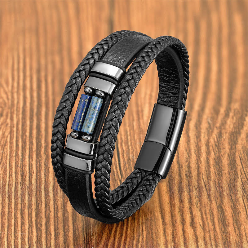 Buddha Stones Tiger Eye Lazurite Lapis Lazuli Hematite Picture Jasper Black Onyx Strength Multi-layer Leather Bracelet - Lazurite - 18-22cm - image 4