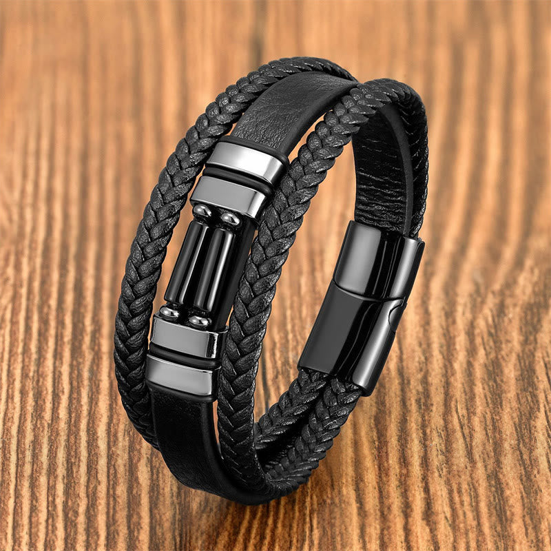Buddha Stones Tiger Eye Lazurite Lapis Lazuli Hematite Picture Jasper Black Onyx Strength Multi-layer Leather Bracelet - Black Onyx - 18-22cm - image 12
