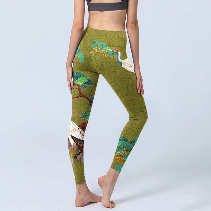 Buddha Stones Flying Cranes Auspicious Clouds Trees Print Gym Leggings Women's Yoga Pants - image 4