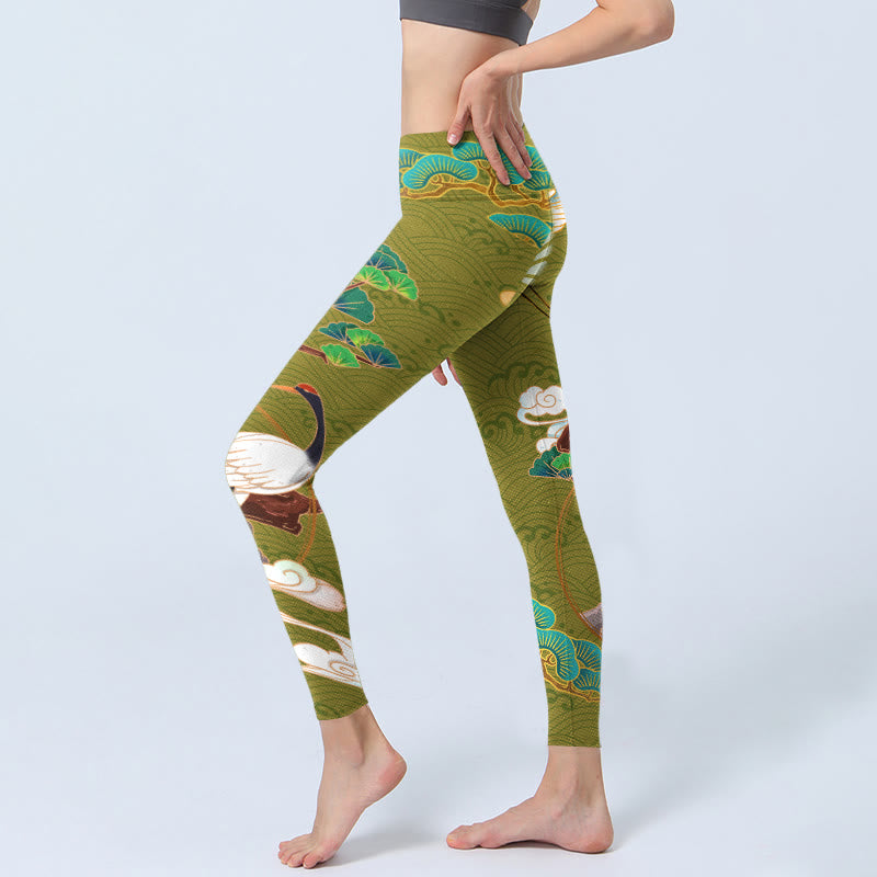 Buddha Stones Flying Cranes Auspicious Clouds Trees Print Gym Leggings Women's Yoga Pants - image 2