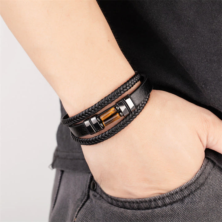 Buddha Stones Tiger Eye Lazurite Lapis Lazuli Hematite Picture Jasper Black Onyx Strength Multi-layer Leather Bracelet - image 1
