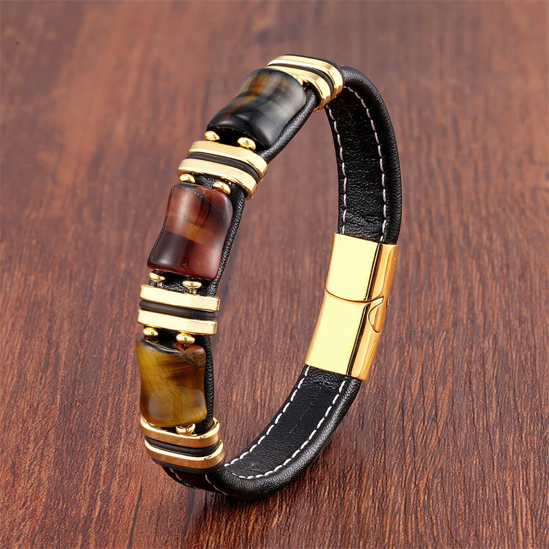 Buddha Stones Tiger Eye Three Bamboo Stone Protection Power Leather Bracelet - Yellow-Brown-Red-Black Tiger Eye-Gold - 18-22cm - image 2