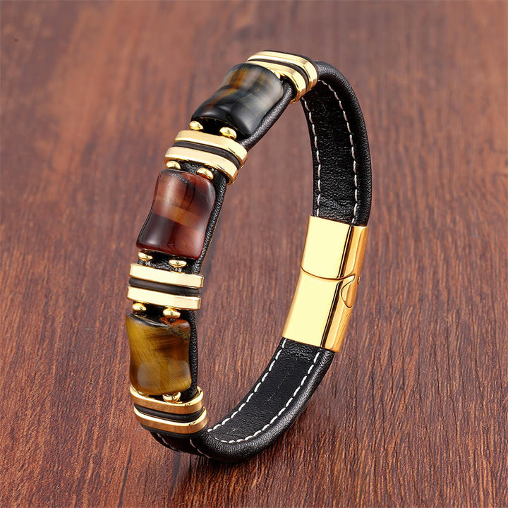 Buddha Stones Tiger Eye Three Bamboo Stone Protection Power Leather Bracelet - Yellow-Brown-Red-Black Tiger Eye-Gold - 18-22cm - image 2