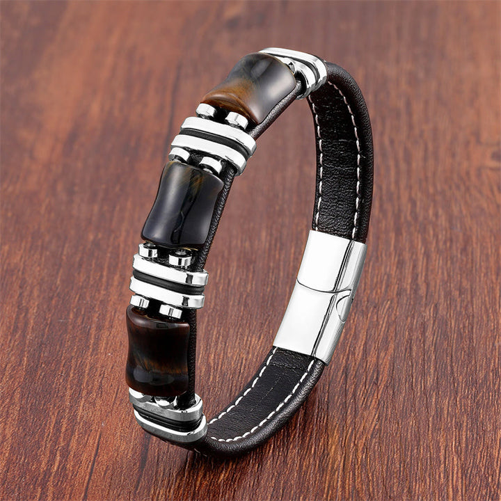 Buddha Stones Tiger Eye Three Bamboo Stone Protection Power Leather Bracelet - Yellow-Black Tiger Eye-Silver - 21-22cm - image 6