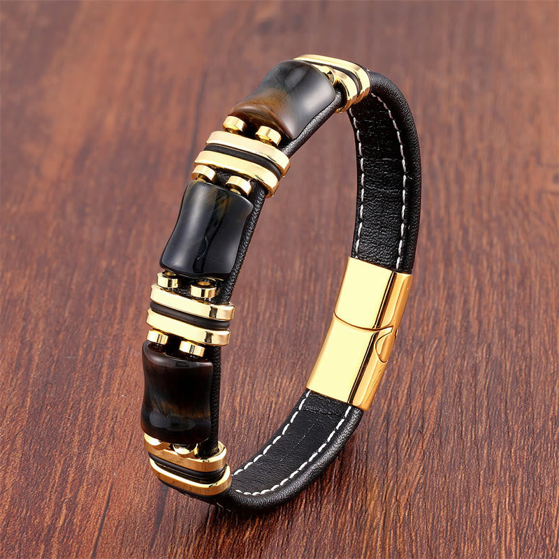 Buddha Stones Tiger Eye Three Bamboo Stone Protection Power Leather Bracelet - Yellow-Black Tiger Eye-Gold - 18-22cm - image 7