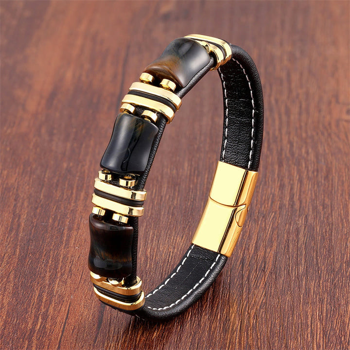 Buddha Stones Tiger Eye Three Bamboo Stone Protection Power Leather Bracelet - Yellow-Black Tiger Eye-Gold - 18-22cm - image 7
