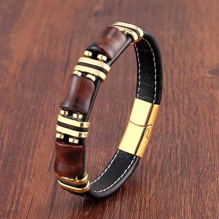 Buddha Stones Tiger Eye Three Bamboo Stone Protection Power Leather Bracelet - Brown-Red Tiger Eye-Gold - 18-22cm - image 9