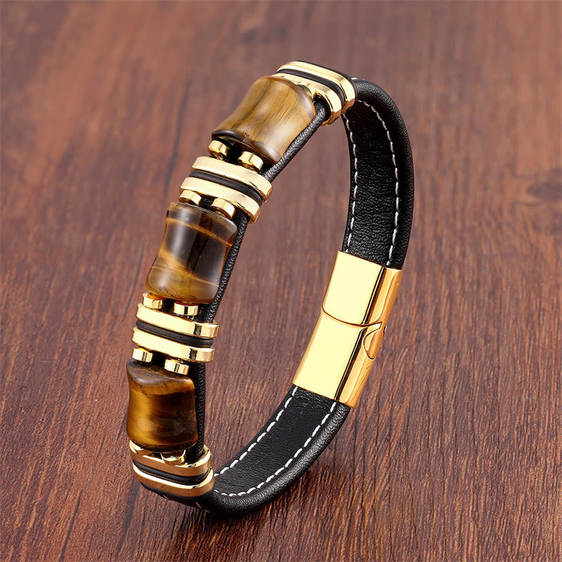 Buddha Stones Tiger Eye Three Bamboo Stone Protection Power Leather Bracelet - Yellow Tiger Eye-Gold - 21-22cm - image 12