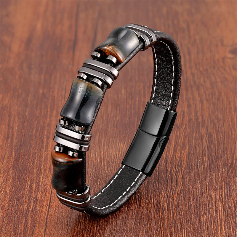 Buddha Stones Tiger Eye Three Bamboo Stone Protection Power Leather Bracelet - Yellow-Black Tiger Eye-Black - 21-22cm - image 13