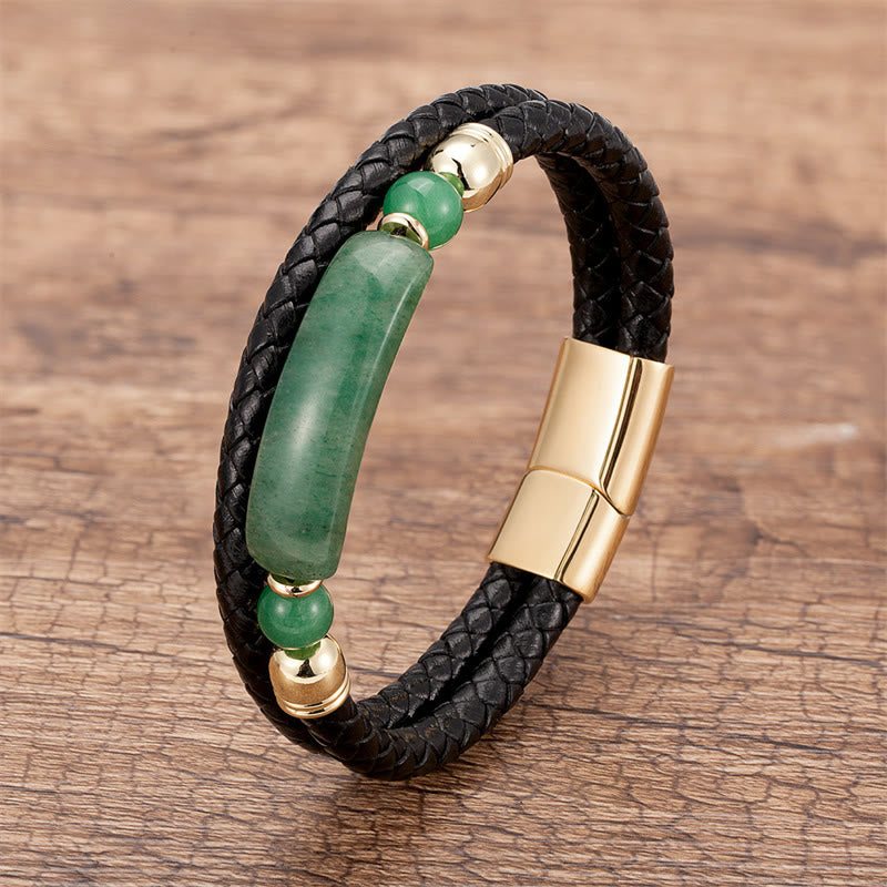 Buddha Stones Green Aventurine Tiger Eye Green Agate Black Onyx Hematite Stone Luck Leather Magnetic Buckle Bracelet - Gold - Green Aventurine - 18-22cm - image 0