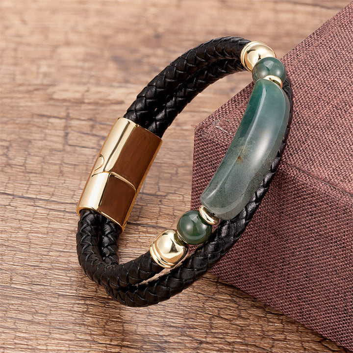Buddha Stones Green Aventurine Tiger Eye Green Agate Black Onyx Hematite Stone Luck Leather Magnetic Buckle Bracelet - Gold - Green Agate - 18-22cm - image 13