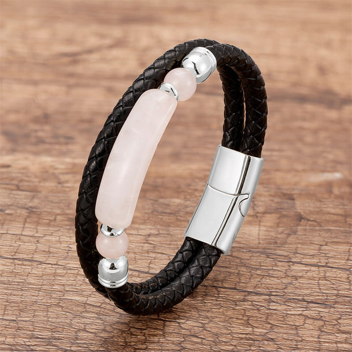Buddha Stones Green Aventurine Tiger Eye Green Agate Black Onyx Hematite Stone Luck Leather Magnetic Buckle Bracelet - Silver - Rose Quartz - 18-22cm - image 24