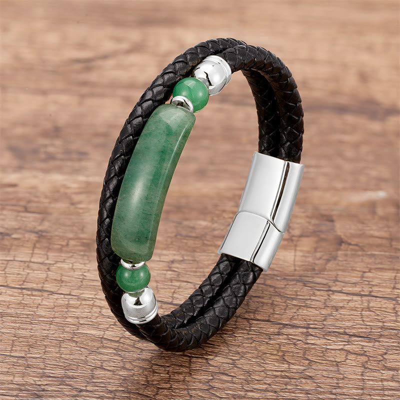 Buddha Stones Green Aventurine Tiger Eye Green Agate Black Onyx Hematite Stone Luck Leather Magnetic Buckle Bracelet - Silver - Green Aventurine - 18-22cm - image 1