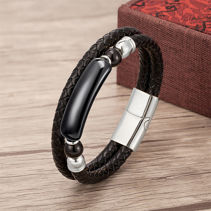 Buddha Stones Green Aventurine Tiger Eye Green Agate Black Onyx Hematite Stone Luck Leather Magnetic Buckle Bracelet - Silver - Black Onyx - 18-22cm - image 11