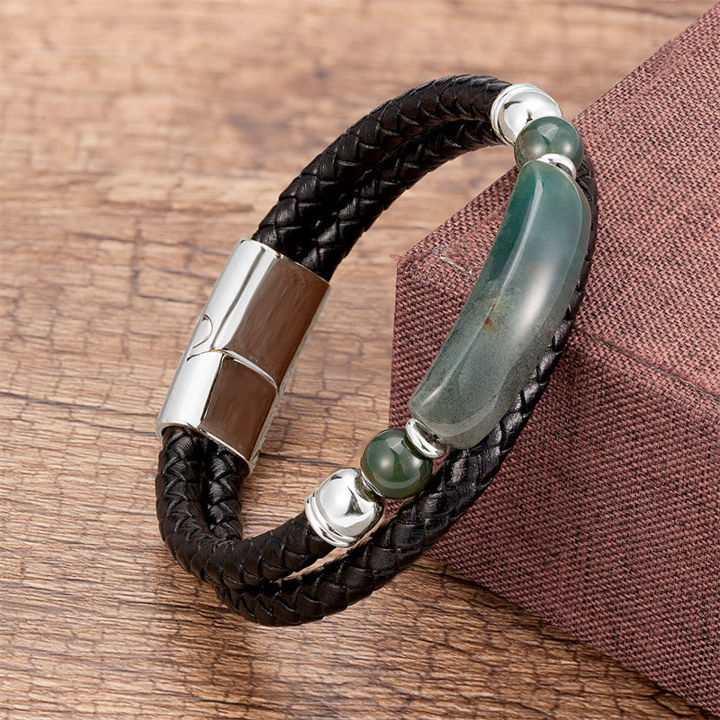 Buddha Stones Green Aventurine Tiger Eye Green Agate Black Onyx Hematite Stone Luck Leather Magnetic Buckle Bracelet - Silver - Green Agate - 18-22cm - image 15