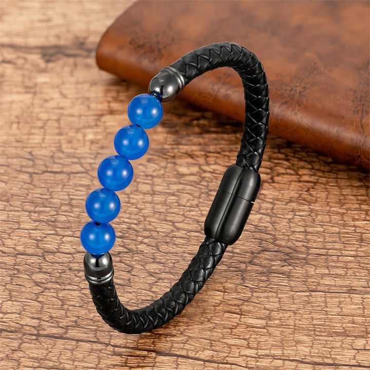 Buddha Stones Blue Agate Tiger Eye Lava Rock Black Onyx Lazurite Lapis Lazuli Bead Protection Leather Bracelet - Blue Agate - 18-22cm - image 1