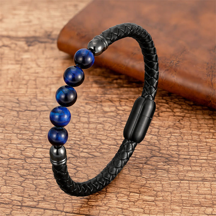 Buddha Stones Blue Agate Tiger Eye Lava Rock Black Onyx Lazurite Lapis Lazuli Bead Protection Leather Bracelet - Blue Tiger Eye - 18-22cm - image 4