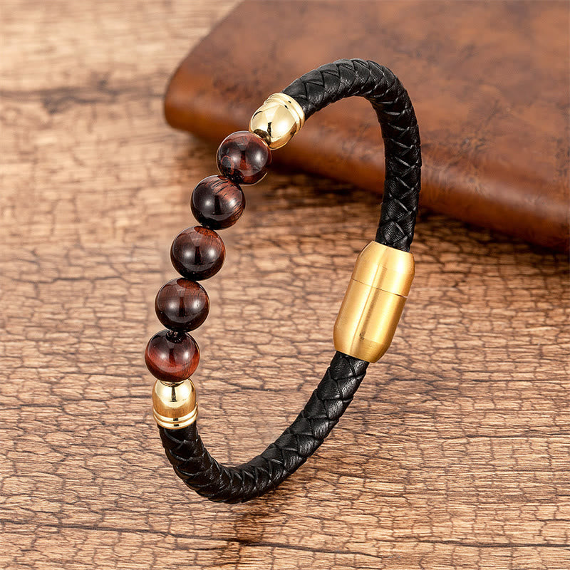 Buddha Stones Blue Agate Tiger Eye Lava Rock Black Onyx Lazurite Lapis Lazuli Bead Protection Leather Bracelet - Brown Red Tiger Eye - 18-22cm - image 23