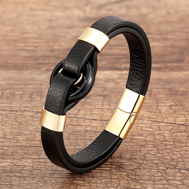 Buddha Stones Round Green Aventurine Black Onyx Hematite Agate Rose Quartz Stone Balance Leather Magnetic Buckle Bracelet - Black Onyx-Gold - 18-22cm - image 3