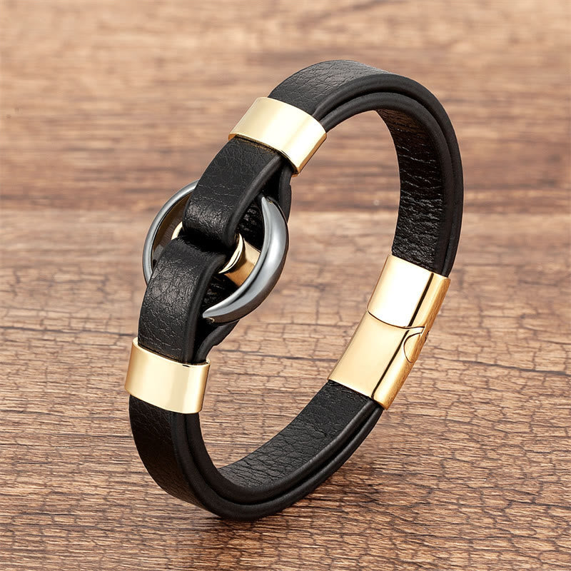 Buddha Stones Round Green Aventurine Black Onyx Hematite Agate Rose Quartz Stone Balance Leather Magnetic Buckle Bracelet - Hematite-Gold - 18-22cm - image 5