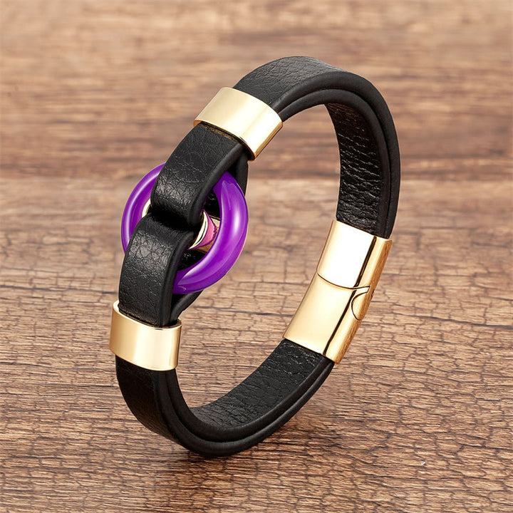 Buddha Stones Round Green Aventurine Black Onyx Hematite Agate Rose Quartz Stone Balance Leather Magnetic Buckle Bracelet - Purple Agate-Gold - 18-22cm - image 8