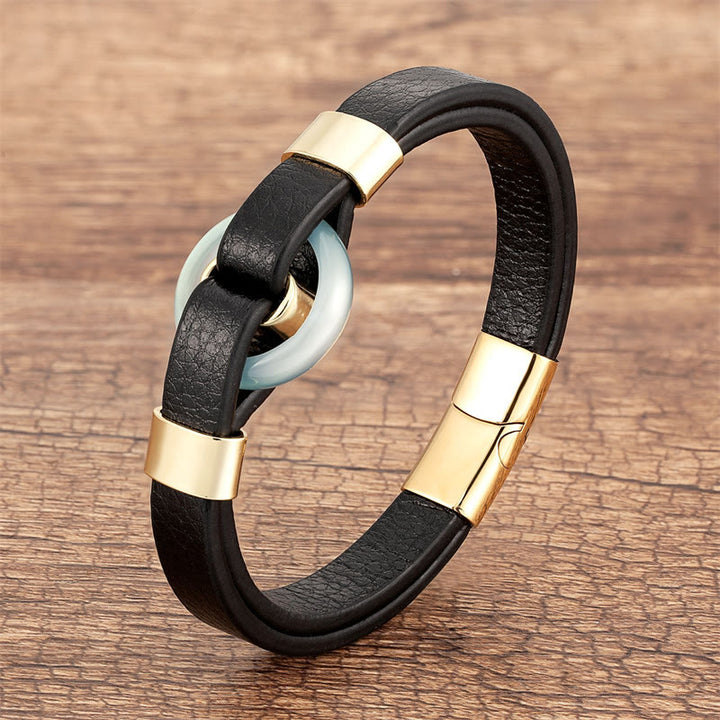 Buddha Stones Round Green Aventurine Black Onyx Hematite Agate Rose Quartz Stone Balance Leather Magnetic Buckle Bracelet - Agate-Gold - 18-22cm - image 7