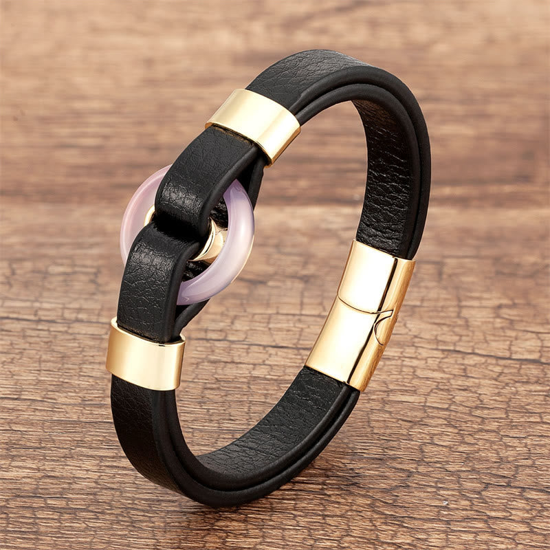 Buddha Stones Round Green Aventurine Black Onyx Hematite Agate Rose Quartz Stone Balance Leather Magnetic Buckle Bracelet - Rose Quartz-Gold - 18-22cm - image 10