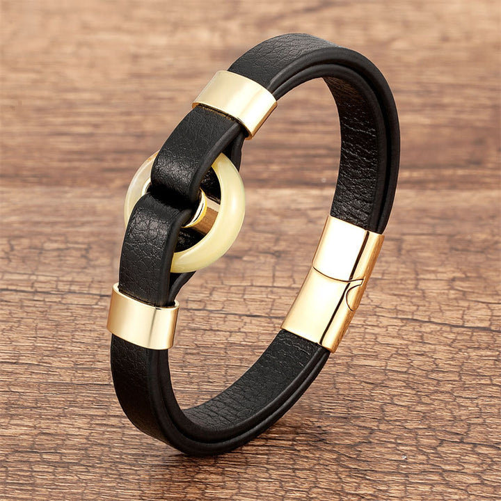 Buddha Stones Round Green Aventurine Black Onyx Hematite Agate Rose Quartz Stone Balance Leather Magnetic Buckle Bracelet - Topaz-Gold - 18-22cm - image 12