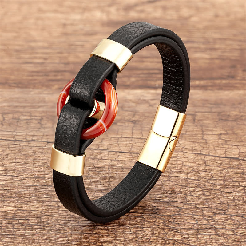 Buddha Stones Round Green Aventurine Black Onyx Hematite Agate Rose Quartz Stone Balance Leather Magnetic Buckle Bracelet - Red Agate-Gold - 18-22cm - image 14