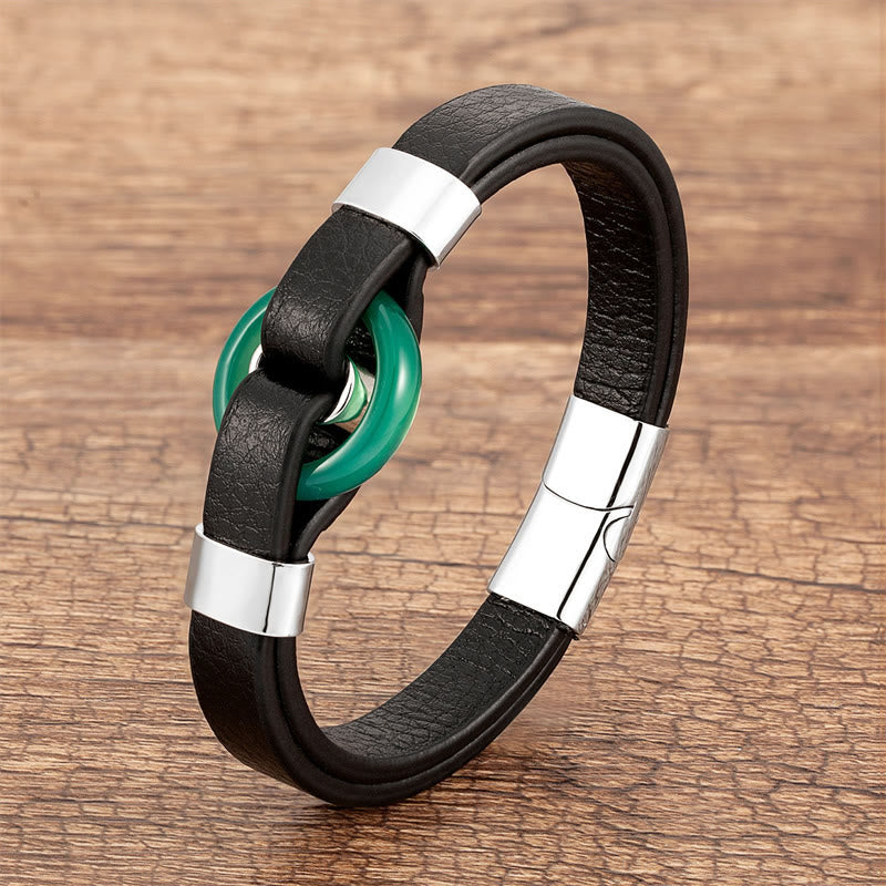 Buddha Stones Round Green Aventurine Black Onyx Hematite Agate Rose Quartz Stone Balance Leather Magnetic Buckle Bracelet - Green Aventurine-Silver - 18-22cm - image 17