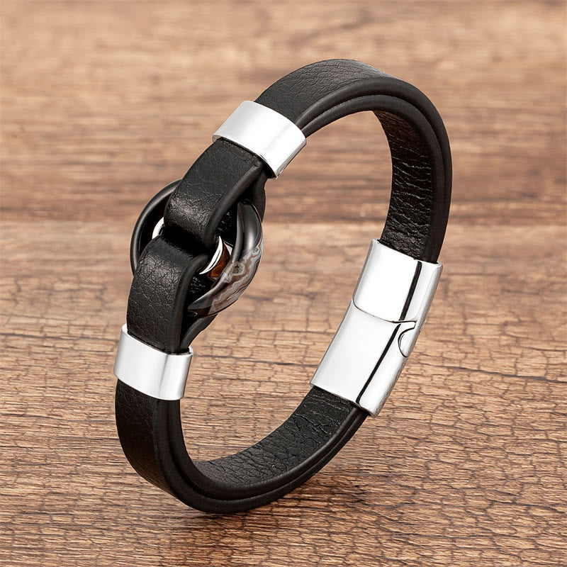 Buddha Stones Round Green Aventurine Black Onyx Hematite Agate Rose Quartz Stone Balance Leather Magnetic Buckle Bracelet - Agate-Silver - 18-22cm - image 20