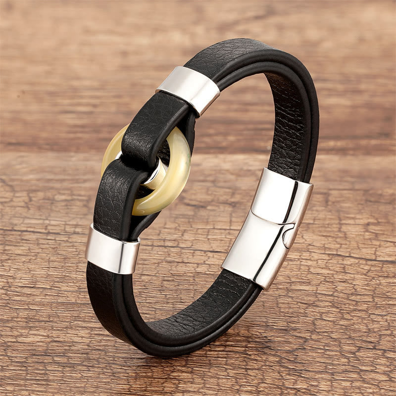 Buddha Stones Round Green Aventurine Black Onyx Hematite Agate Rose Quartz Stone Balance Leather Magnetic Buckle Bracelet - Topaz-Silver - 18-22cm - image 21