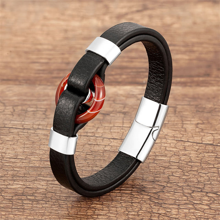 Buddha Stones Round Green Aventurine Black Onyx Hematite Agate Rose Quartz Stone Balance Leather Magnetic Buckle Bracelet - Red Agate-Silver - 18-22cm - image 22