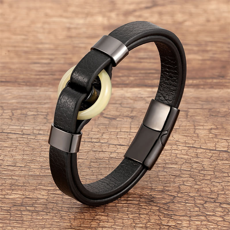 Buddha Stones Round Green Aventurine Black Onyx Hematite Agate Rose Quartz Stone Balance Leather Magnetic Buckle Bracelet - Topaz-Black - 18-22cm - image 24