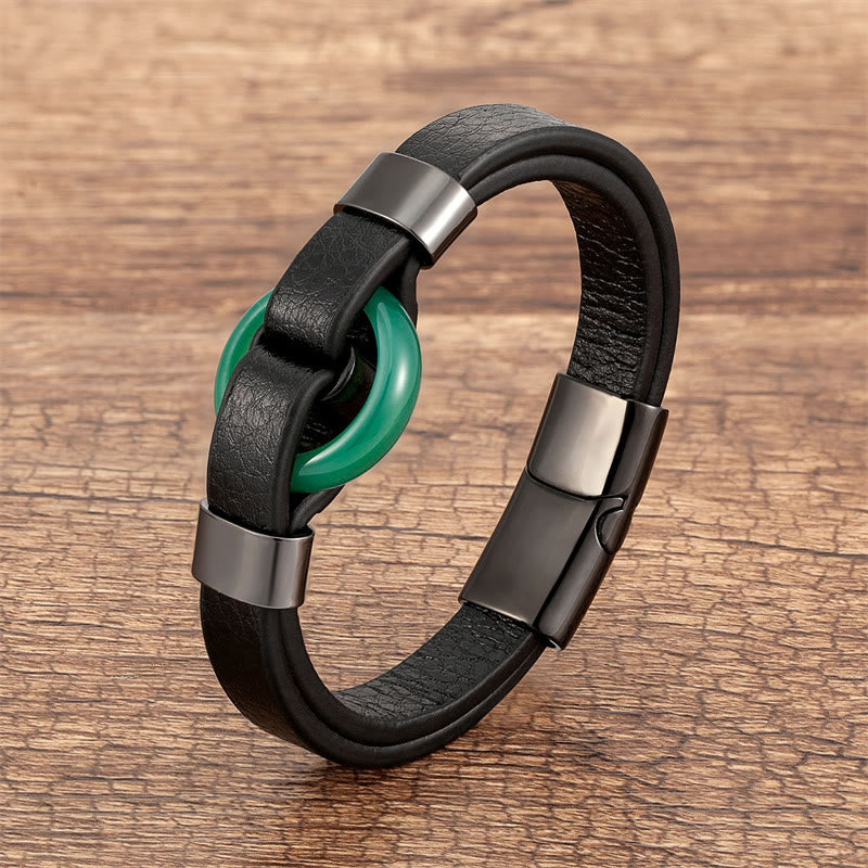 Buddha Stones Round Green Aventurine Black Onyx Hematite Agate Rose Quartz Stone Balance Leather Magnetic Buckle Bracelet - Green Aventurine-Black - 18-22cm - image 26