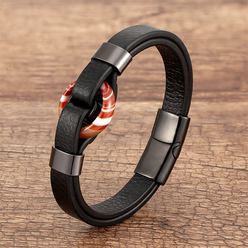 Buddha Stones Round Green Aventurine Black Onyx Hematite Agate Rose Quartz Stone Balance Leather Magnetic Buckle Bracelet - Red Agate-Black - 18-22cm - image 27