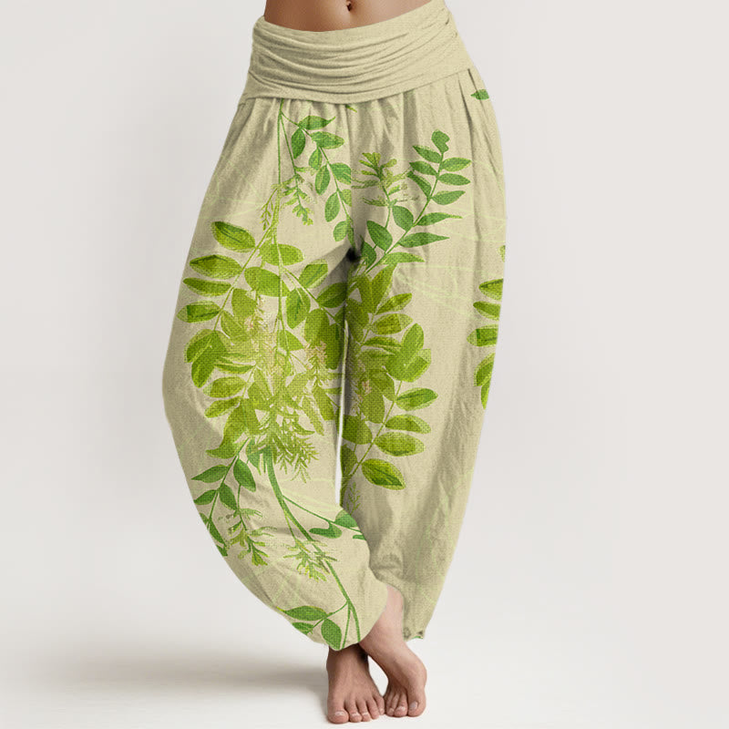 Buddha Stones Cotton Green Leaves Branches Women's Elastic Waist Harem Pants - PaleGoldenrod - US22，UK/AU26，EU54 (6XL) - image 0