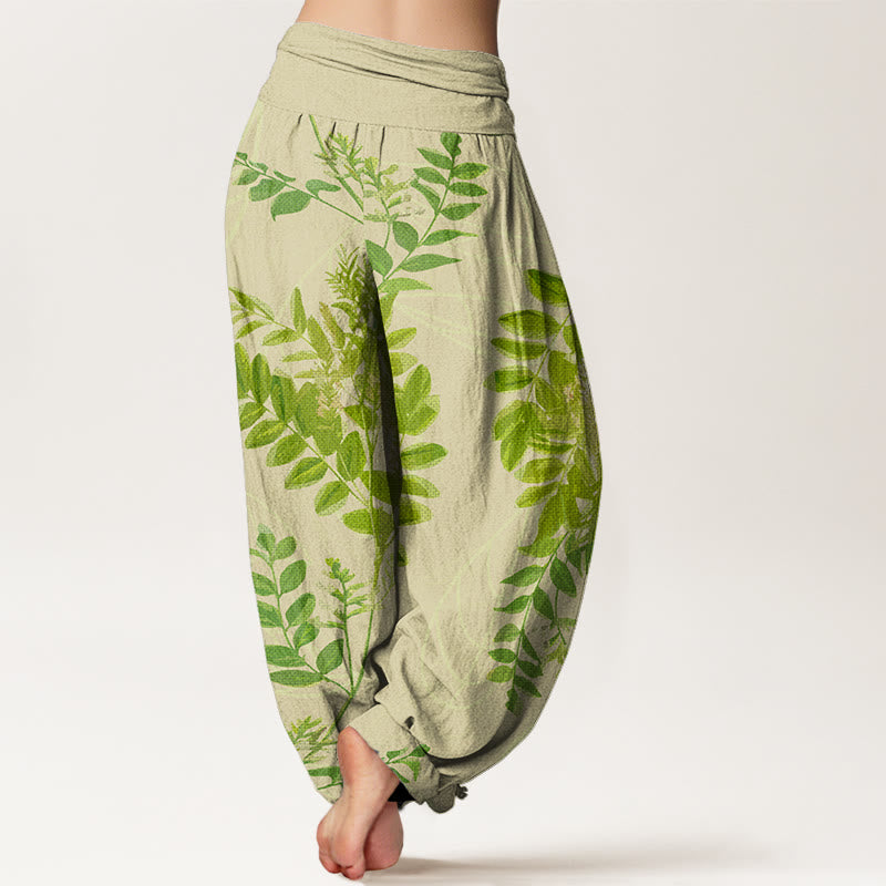 Buddha Stones Cotton Green Leaves Branches Women's Elastic Waist Harem Pants - image 1