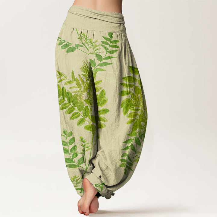 Buddha Stones Cotton Green Leaves Branches Women's Elastic Waist Harem Pants - image 1